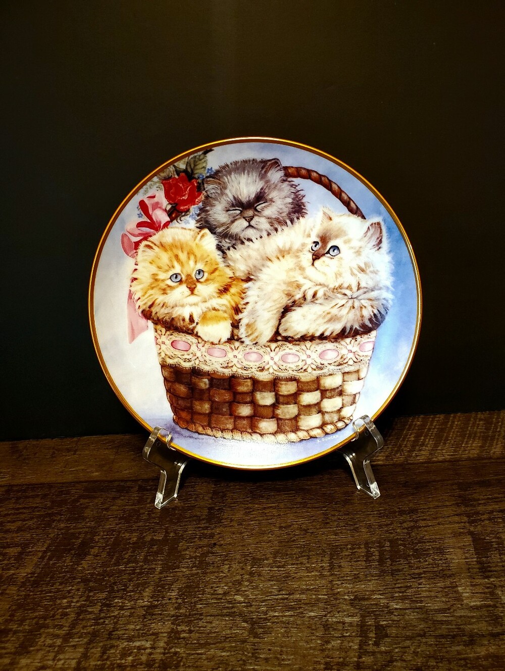 Decorative Plate Three Little Kittens in Basket 1991 Vintage Franklin Mint